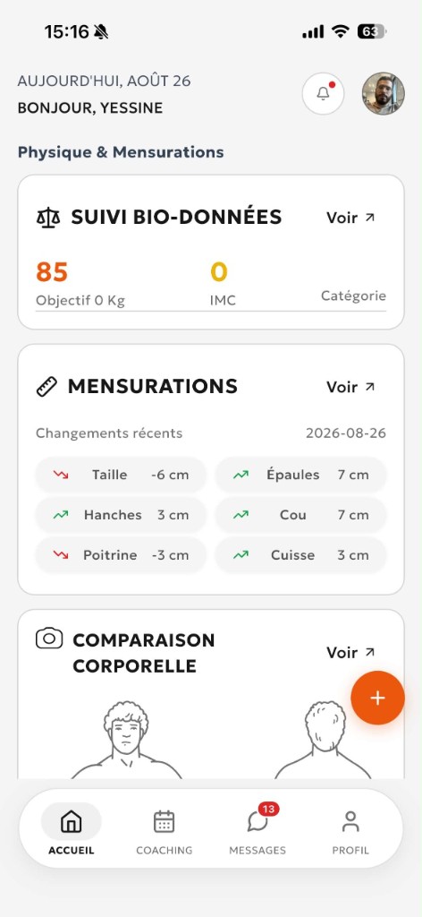 FitoGramme client Physique & Mensurations screen with bio-data and body measurements