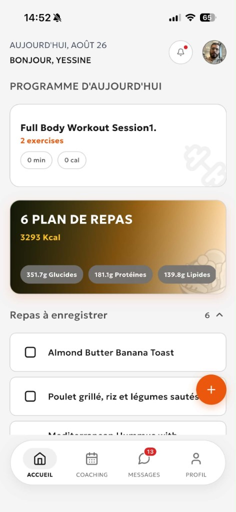 FitoGramme client app home screen with daily program and meal plan